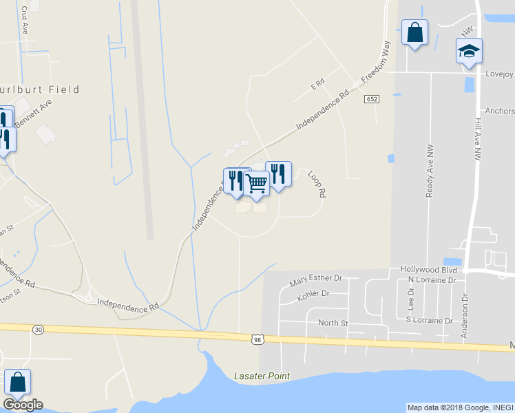 map of restaurants, bars, coffee shops, grocery stores, and more near 114 Howie Walters Road in Hurlburt Field