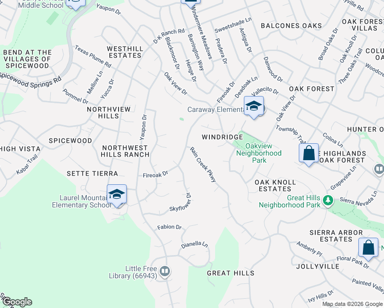 map of restaurants, bars, coffee shops, grocery stores, and more near 7401 Rain Creek Parkway in Austin