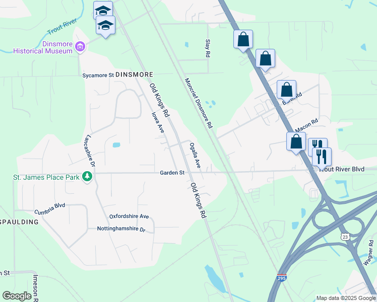 map of restaurants, bars, coffee shops, grocery stores, and more near 9937 Old Kings Road in Jacksonville