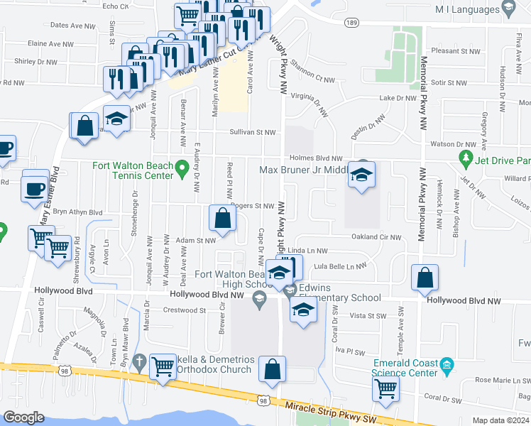 map of restaurants, bars, coffee shops, grocery stores, and more near 31 Cape Drive Northwest in Fort Walton Beach