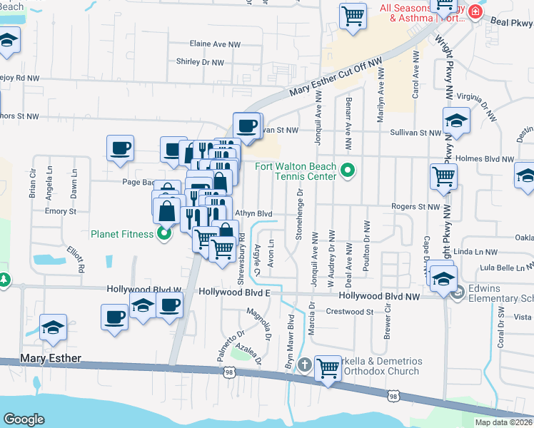 map of restaurants, bars, coffee shops, grocery stores, and more near 341 Bryn Athyn Boulevard in Mary Esther