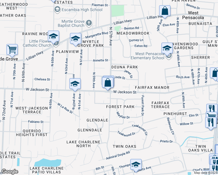 map of restaurants, bars, coffee shops, grocery stores, and more near 5706 West Jackson Street in Pensacola