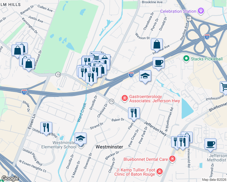 map of restaurants, bars, coffee shops, grocery stores, and more near 8939 Jefferson Highway in Baton Rouge