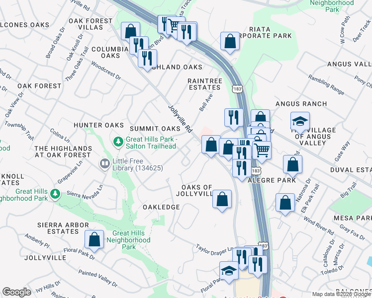 map of restaurants, bars, coffee shops, grocery stores, and more near 11603 Ladera Vista Drive in Austin