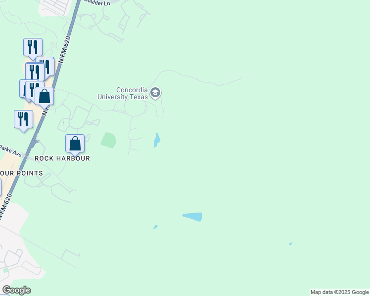map of restaurants, bars, coffee shops, grocery stores, and more near 11400 Concordia University Drive in Austin