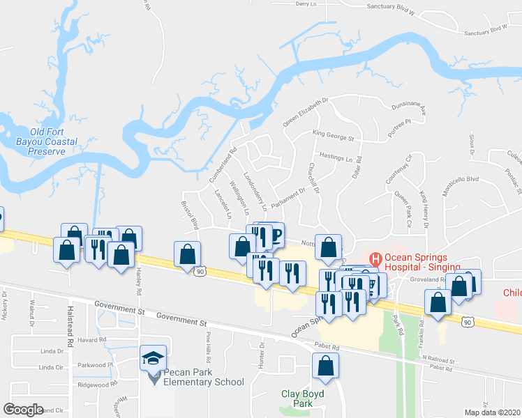 map of restaurants, bars, coffee shops, grocery stores, and more near 1209 Londonderry Lane in Ocean Springs