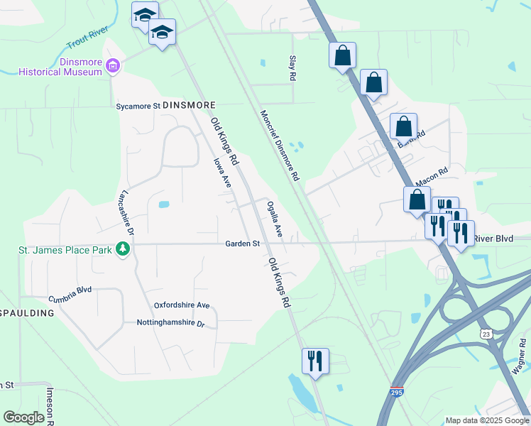 map of restaurants, bars, coffee shops, grocery stores, and more near 9937 Old Kings Road in Jacksonville