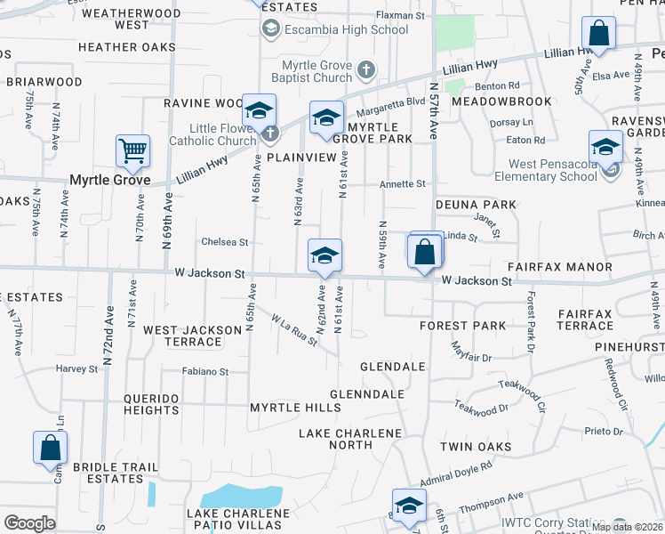 map of restaurants, bars, coffee shops, grocery stores, and more near 6118 West Jackson Street in Pensacola