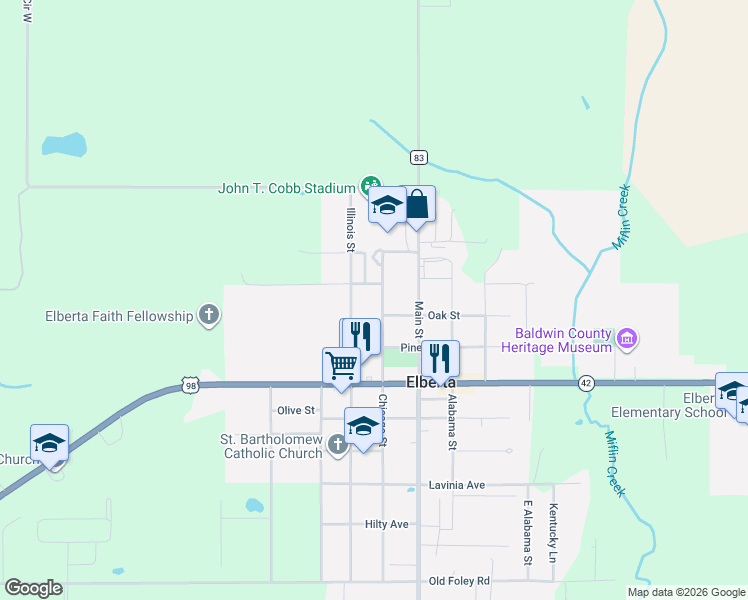 map of restaurants, bars, coffee shops, grocery stores, and more near 13139-13239 North Chicago Street in Elberta