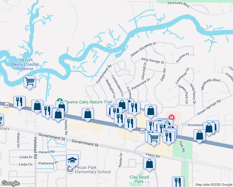 map of restaurants, bars, coffee shops, grocery stores, and more near 1205 Londonderry Lane in Ocean Springs