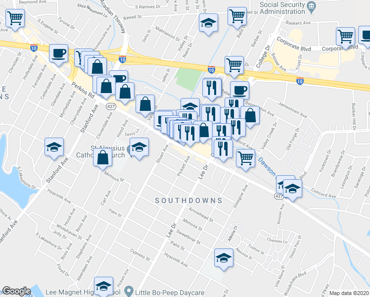 map of restaurants, bars, coffee shops, grocery stores, and more near 4347 Perkins Rd in Baton Rouge