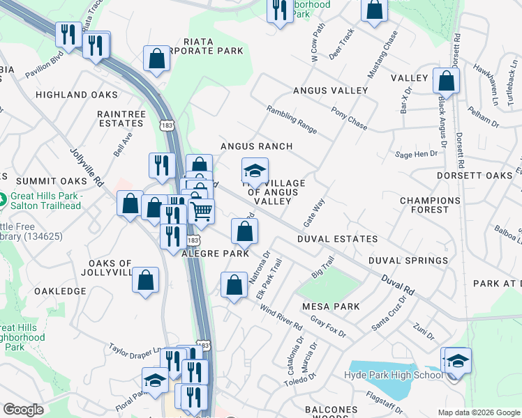 map of restaurants, bars, coffee shops, grocery stores, and more near 5209 Duval Road in Austin