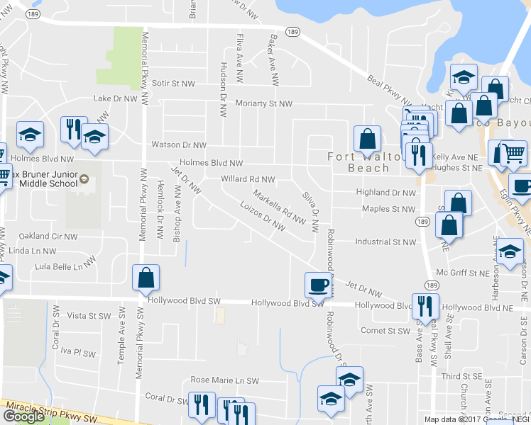 map of restaurants, bars, coffee shops, grocery stores, and more near 130 Loizos Drive Northwest in Fort Walton Beach