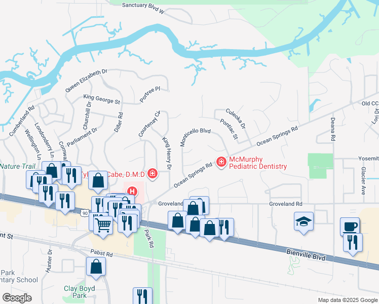 map of restaurants, bars, coffee shops, grocery stores, and more near 3403 Shadwell Court in Ocean Springs