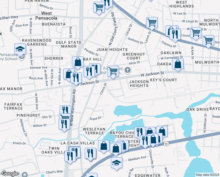 map of restaurants, bars, coffee shops, grocery stores, and more near 4233 Gaffney Street in Pensacola