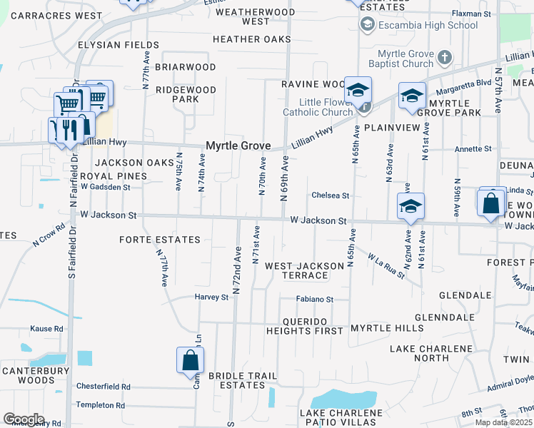 map of restaurants, bars, coffee shops, grocery stores, and more near 604 North 70th Avenue in Pensacola