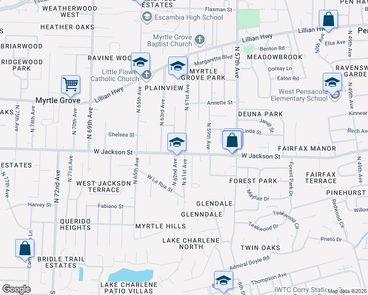 map of restaurants, bars, coffee shops, grocery stores, and more near 605 North 61st Avenue in Pensacola