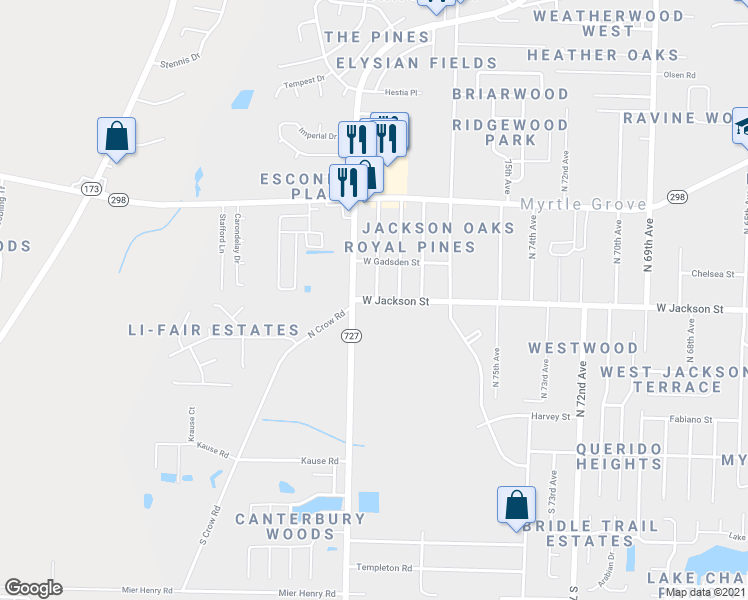 map of restaurants, bars, coffee shops, grocery stores, and more near 7791 West Jackson Street in Pensacola