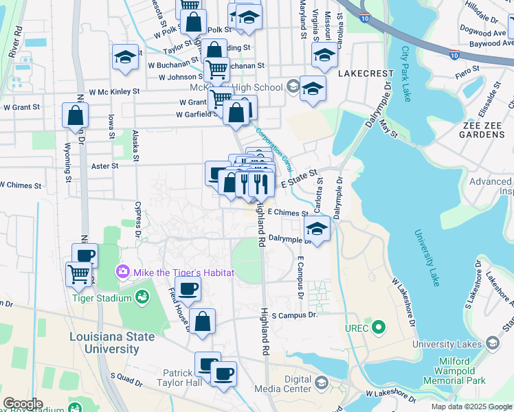 map of restaurants, bars, coffee shops, grocery stores, and more near 3800 Highland Road in Baton Rouge