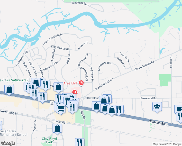 map of restaurants, bars, coffee shops, grocery stores, and more near 1218 King Henry Drive in Ocean Springs