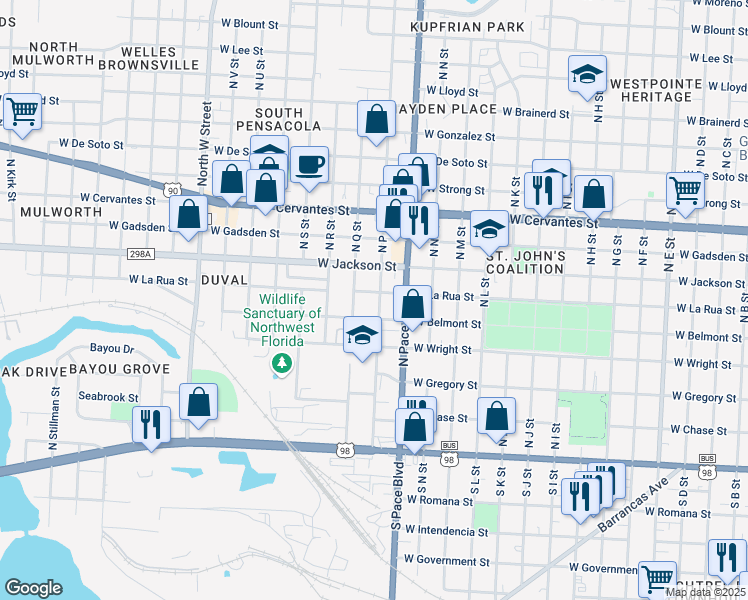 map of restaurants, bars, coffee shops, grocery stores, and more near 2200 West Belmont Street in Pensacola