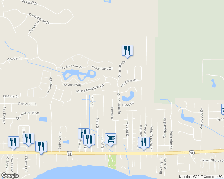 map of restaurants, bars, coffee shops, grocery stores, and more near 9808 Emma Way in Navarre