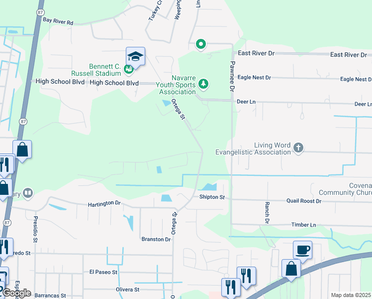 map of restaurants, bars, coffee shops, grocery stores, and more near 8270 Cosica Boulevard in Navarre