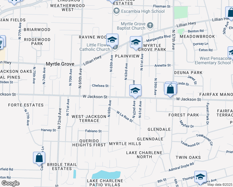 map of restaurants, bars, coffee shops, grocery stores, and more near 6409 West Jackson Street in Pensacola