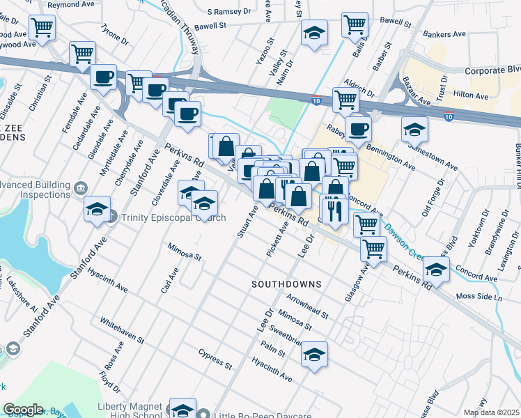 map of restaurants, bars, coffee shops, grocery stores, and more near 4309 Poplar Street in Baton Rouge