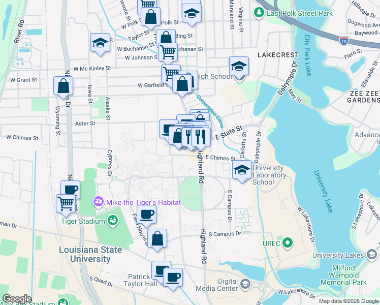 map of restaurants, bars, coffee shops, grocery stores, and more near in Baton Rouge