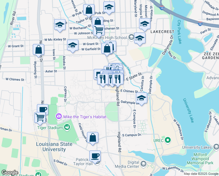 map of restaurants, bars, coffee shops, grocery stores, and more near in Baton Rouge
