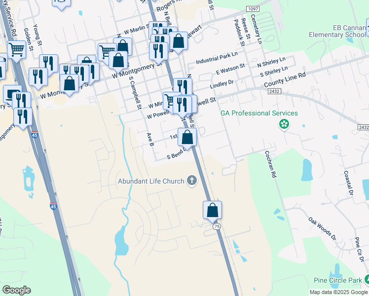 map of restaurants, bars, coffee shops, grocery stores, and more near 12269 State Highway 75 North in Willis