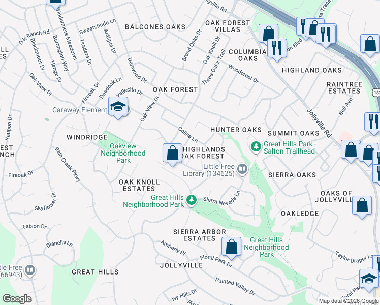 map of restaurants, bars, coffee shops, grocery stores, and more near 11102 Heron Cove in Austin