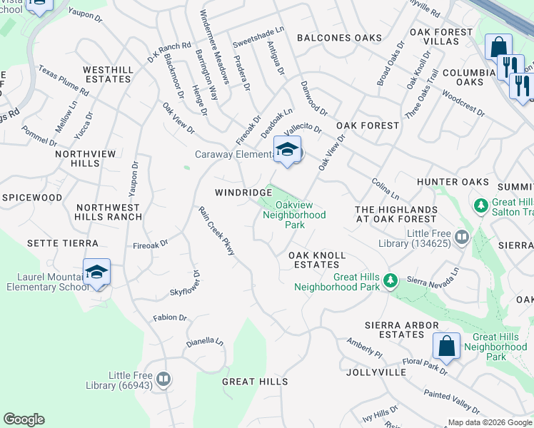 map of restaurants, bars, coffee shops, grocery stores, and more near 10705 Windridge Drive in Austin
