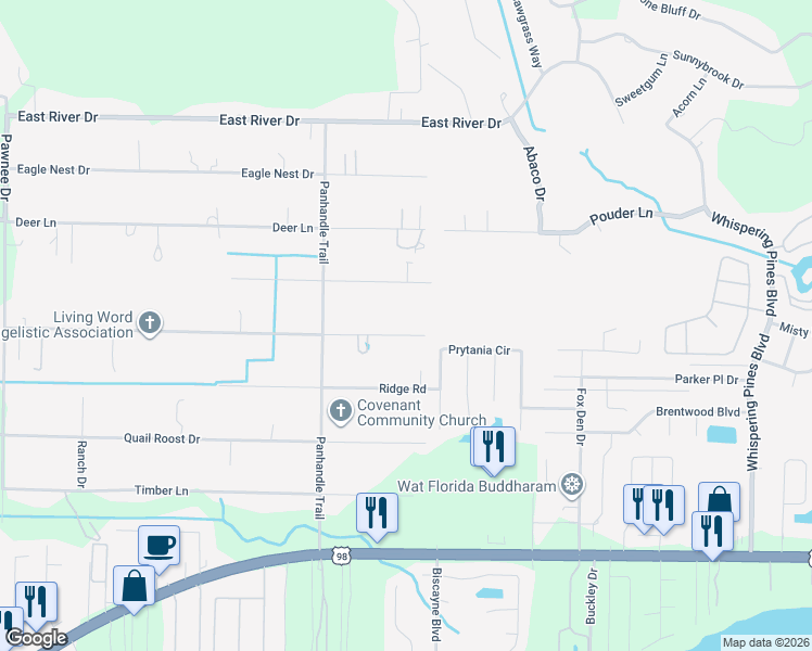 map of restaurants, bars, coffee shops, grocery stores, and more near 9265 Sunset Drive in Navarre