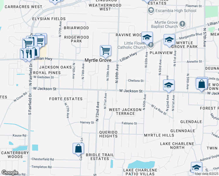 map of restaurants, bars, coffee shops, grocery stores, and more near 6915 West Jackson Street in Pensacola