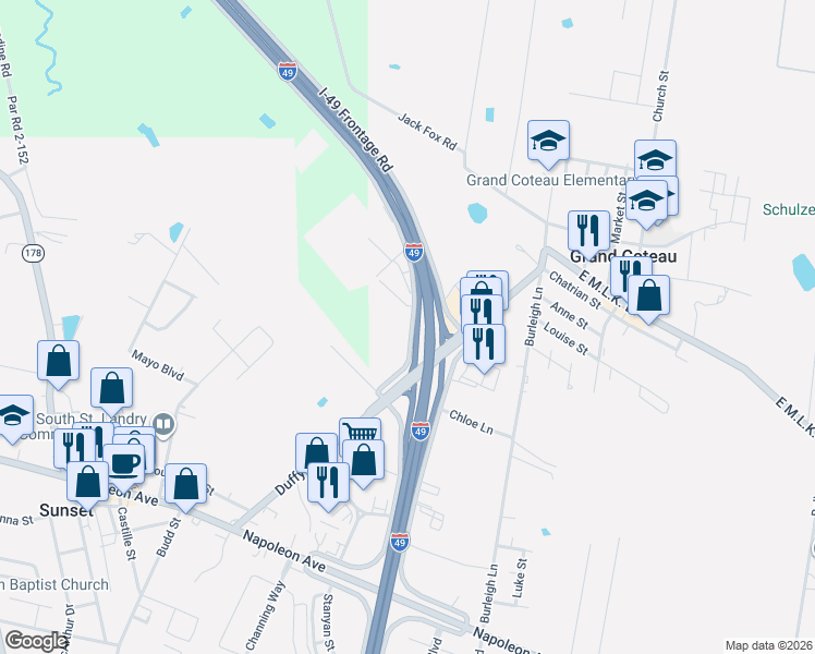 map of restaurants, bars, coffee shops, grocery stores, and more near 1655 Interstate 49 South Service Road in Opelousas