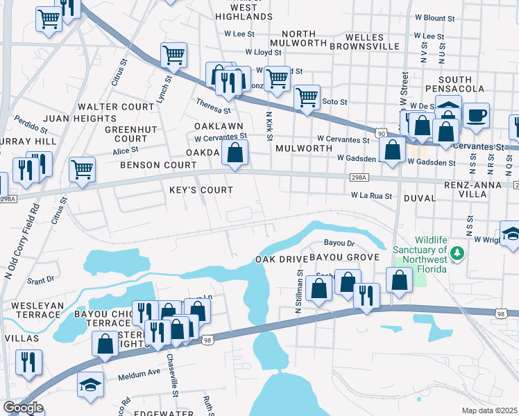 map of restaurants, bars, coffee shops, grocery stores, and more near 407 North Green Street in Pensacola