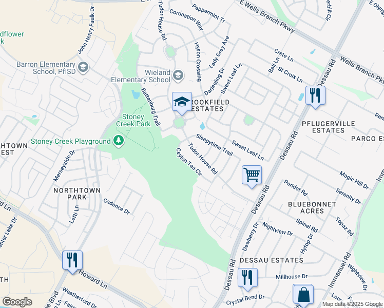 map of restaurants, bars, coffee shops, grocery stores, and more near 1245 Tudor House Road in Pflugerville