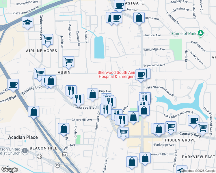 map of restaurants, bars, coffee shops, grocery stores, and more near 3913 Secretariat Drive in Baton Rouge