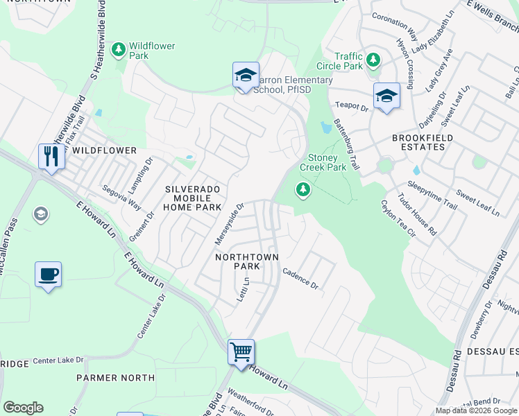 map of restaurants, bars, coffee shops, grocery stores, and more near 14100 Harris Ridge Boulevard in Pflugerville
