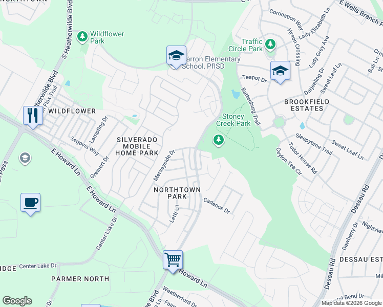 map of restaurants, bars, coffee shops, grocery stores, and more near 14112 Harris Ridge Boulevard in Pflugerville