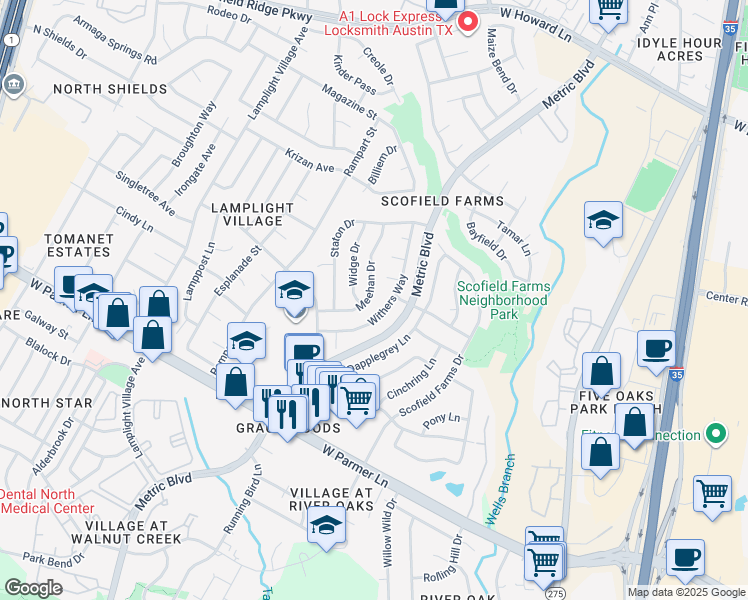 map of restaurants, bars, coffee shops, grocery stores, and more near 12808 Withers Way in Austin