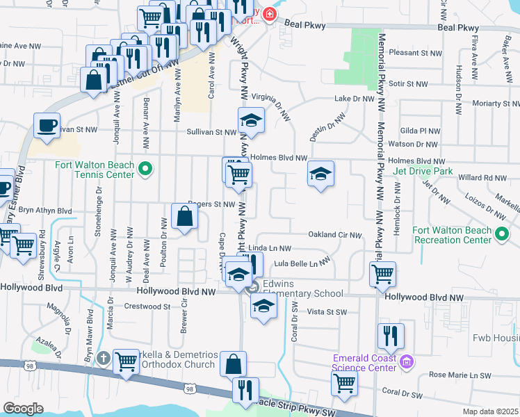 map of restaurants, bars, coffee shops, grocery stores, and more near 39 Olde Cypress Circle Northwest in Fort Walton Beach