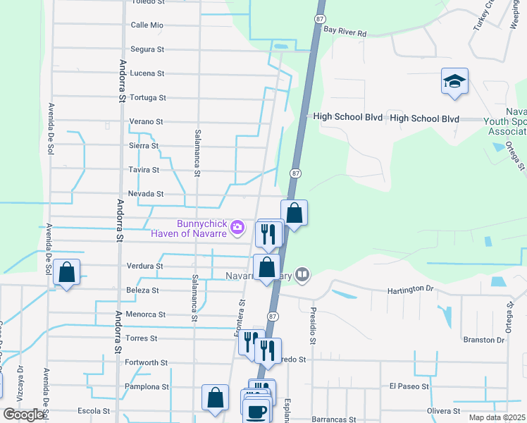 map of restaurants, bars, coffee shops, grocery stores, and more near 2302 Frontera Street in Navarre