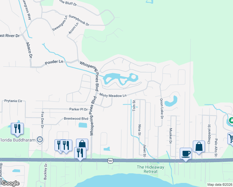 map of restaurants, bars, coffee shops, grocery stores, and more near 9682 Misty Meadow Lane in Navarre