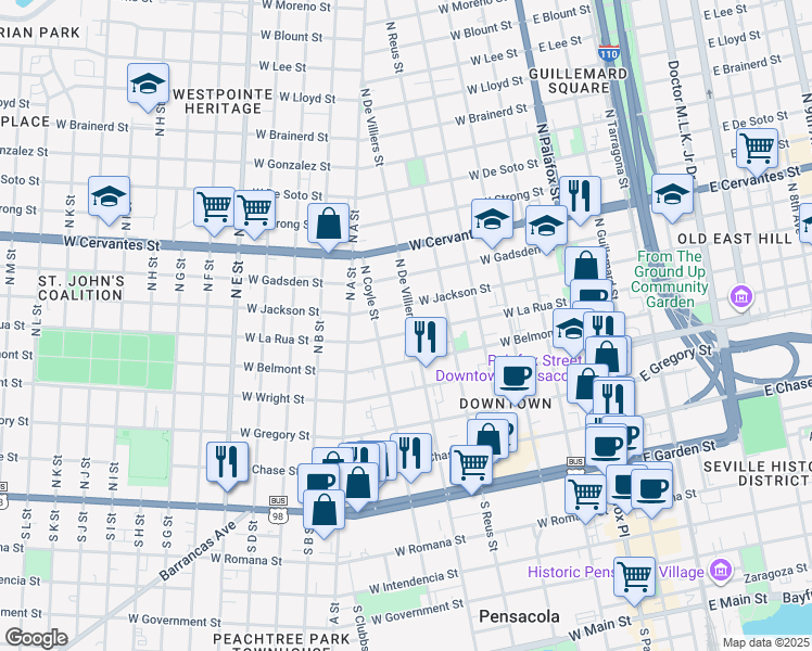 map of restaurants, bars, coffee shops, grocery stores, and more near 501 North De Villiers Street in Pensacola