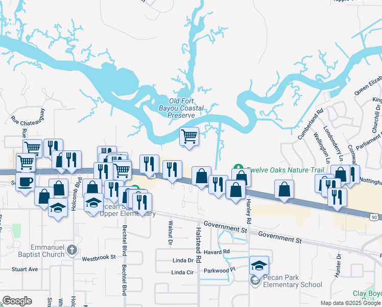 map of restaurants, bars, coffee shops, grocery stores, and more near 2501 Bienville Boulevard in Ocean Springs