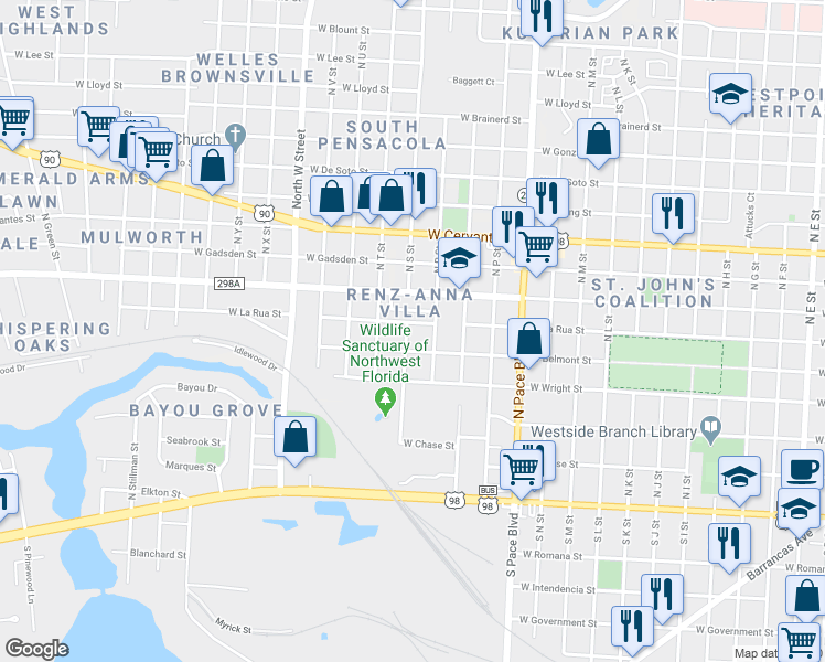 map of restaurants, bars, coffee shops, grocery stores, and more near 400 North S Street in Pensacola