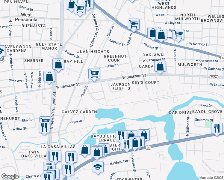 map of restaurants, bars, coffee shops, grocery stores, and more near 39 Sandalwood Street in Pensacola